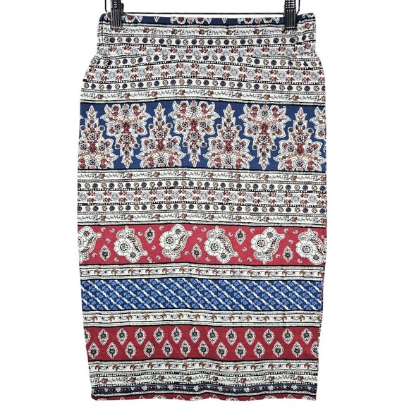 Bohemian Gypsie Hippie Midi Skirt Red Blue Floral Stripe Stretchy Women's Med - Picture 1 of 15
